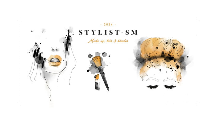 Skissad bild av naglar, läppar, makeup-borstar och håruppsättning