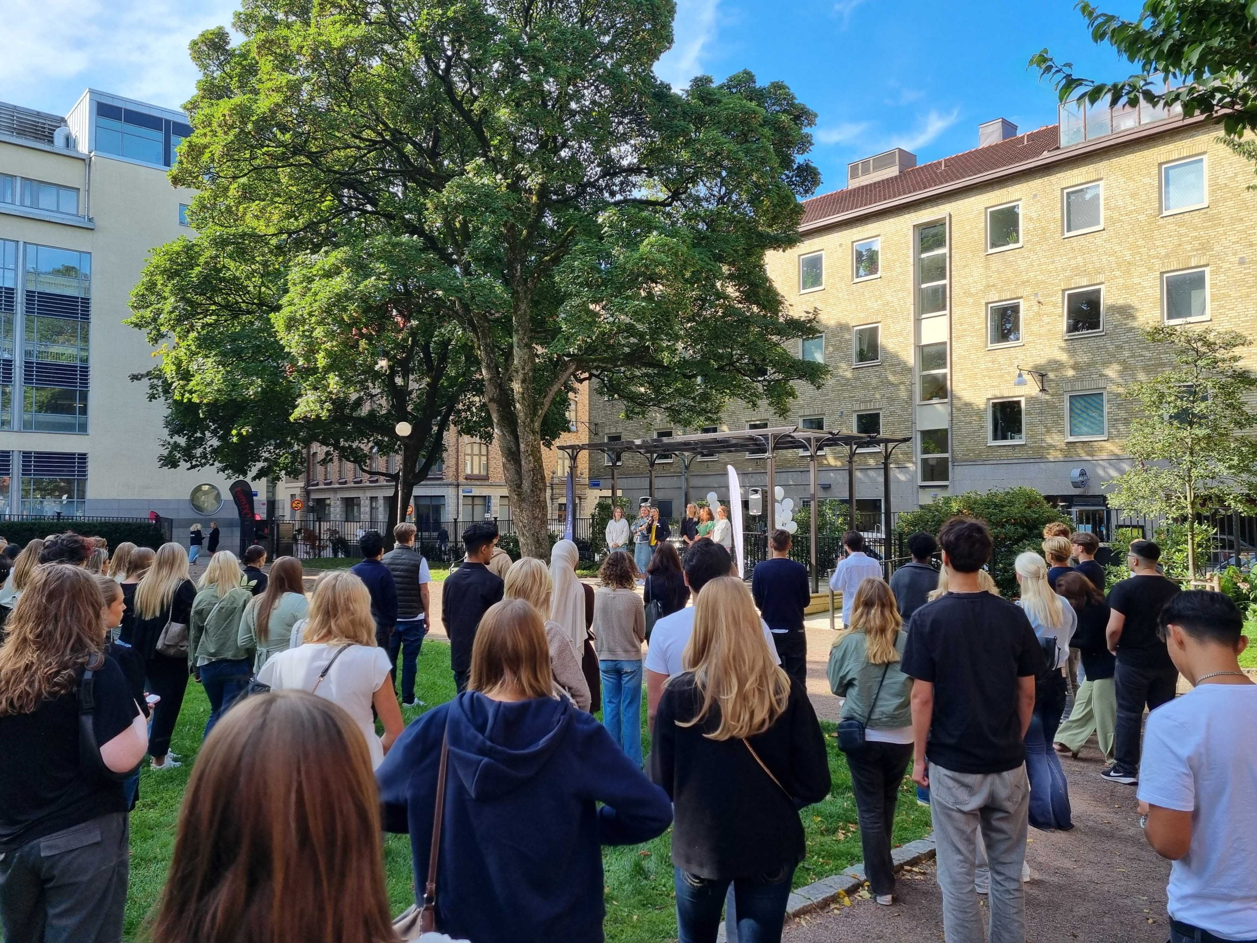 Elever samlade på en gräsmatta