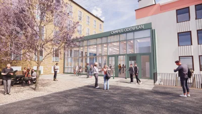 Entré med stora glaspartier och elever framför