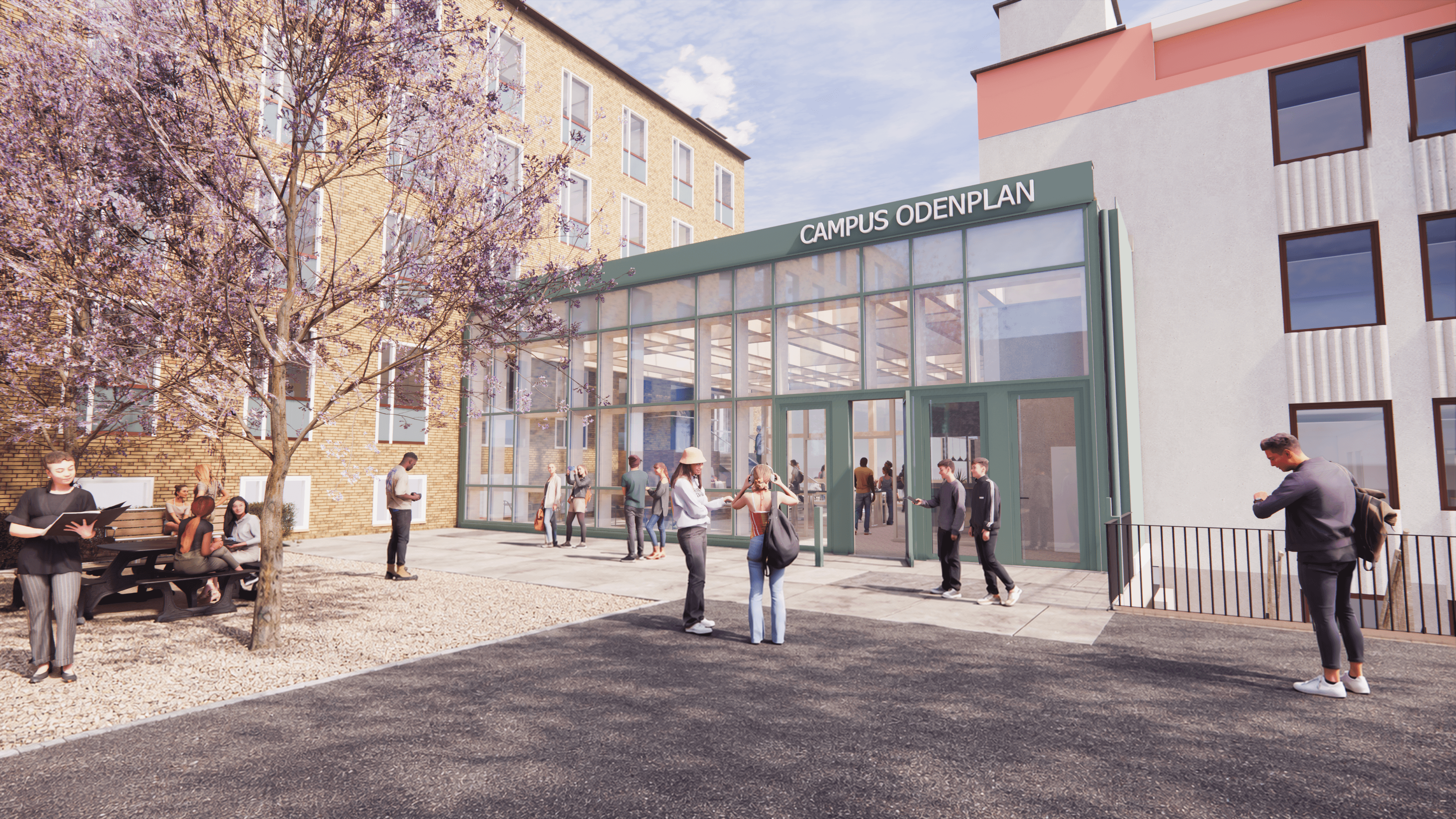 Entré med stora glaspartier och elever framför