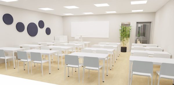 Klassrum med vita bänkar och stolar