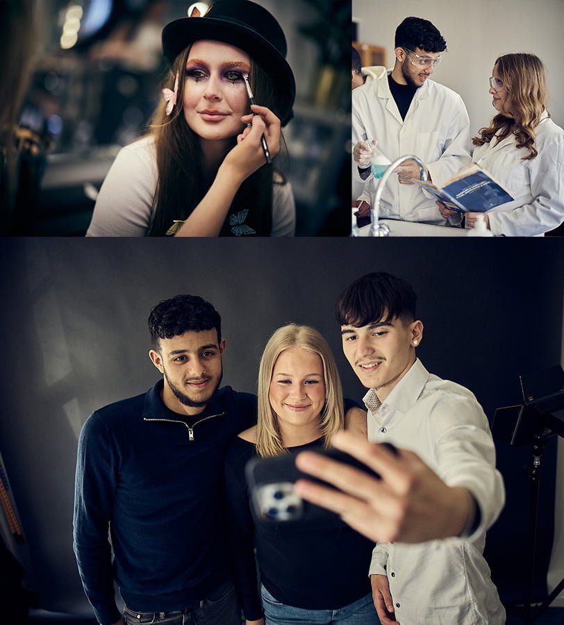 Collage av elever på DBGY - En teatersminkad tjej, två elever i vita labbrockar och tre elever som tar en selfie