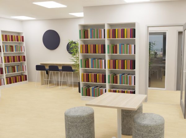 Skolbibliotek med bokhylla fylld med böcker